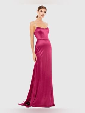 Ieena x Mac Duggal Satin Bejeweled Straps Scoop Neck Evening Gown Hot Pink Sz 2